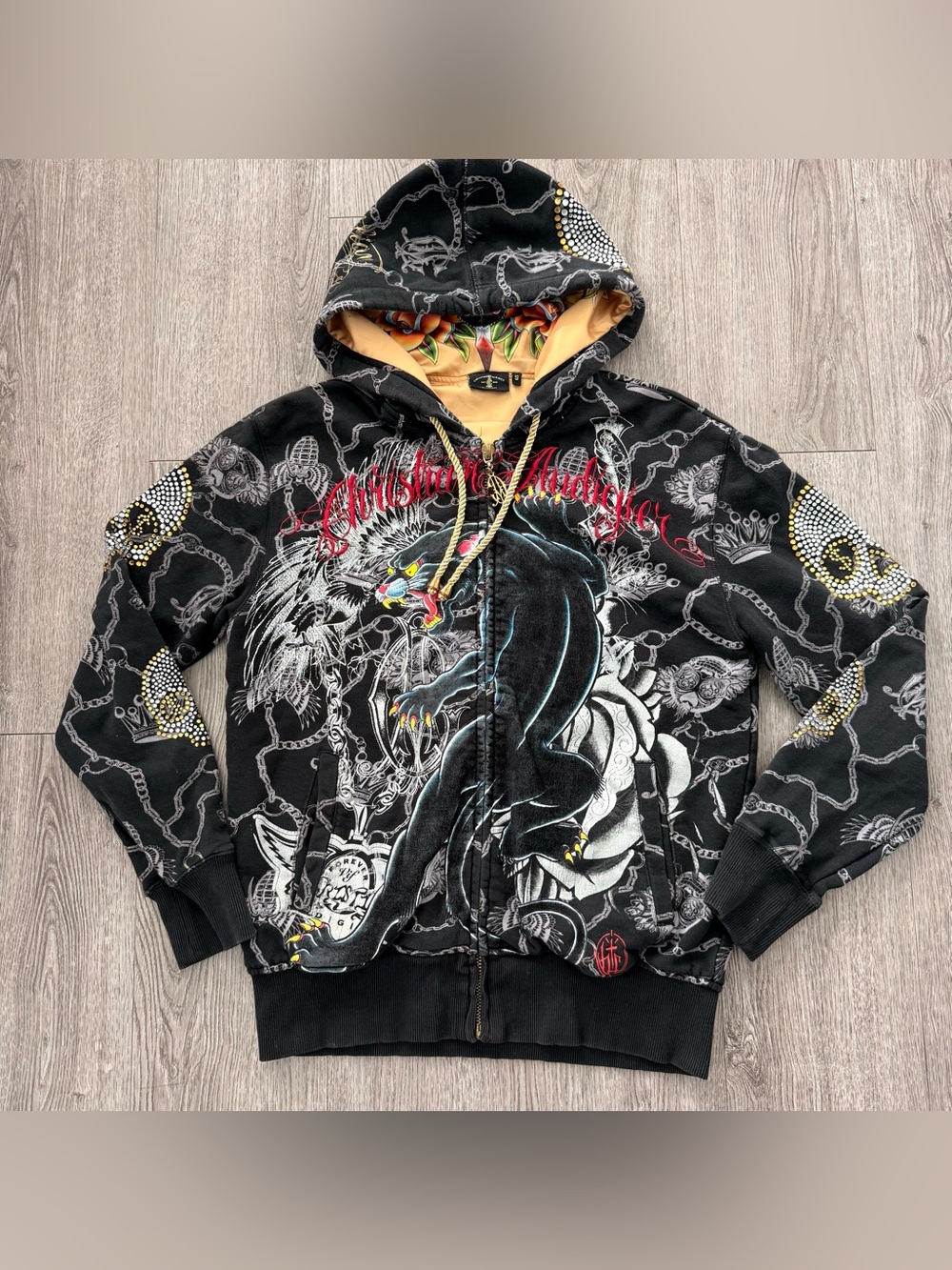Christian Audigier "Black Panther” Hoodie Rhinestones Men’s Size S